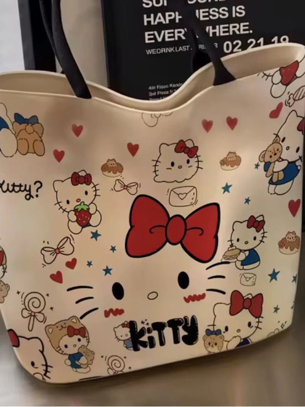 White Hello Kitty Print Tote Bag with Black Handles